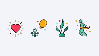 Icons from 鶹Լ R&D's work on human values - a heart, an anchored balloon, a plant, a person running through a tape at a finish line.