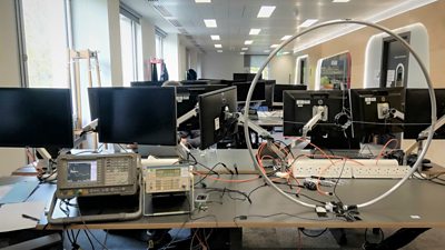 A magnetic loop antena on a desk in our labs.