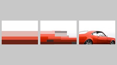 Three images of a blur becoming a shape which is then a red car