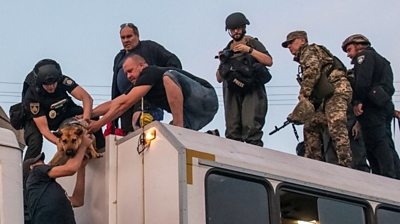 People and dogs being lifted from the roof of a truck