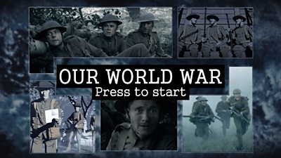 The opening screen for Our World War - images of soldiers over 'press to start'