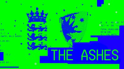 The Ashes is written in neon green on a blue background. Behind the text there are pixelated images of the England and Australia team emblems