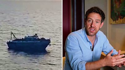 A split-screen image showing a boat carrying hundreds of migrants on one side and BBC correspondent Nick Beake on the other