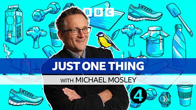Michael Mosley smiling with his arms crossed with an illustrated bird perched on his shoulder. Background shows illustrations of random objects including a trainer, broccoli, spatula, water bottle etc 