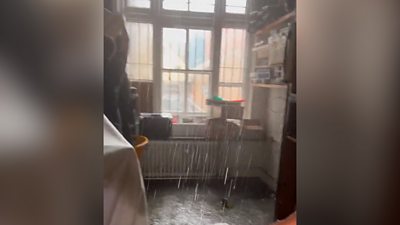 A Twitter post by Dara Ó Briain shows a flooded floor with water pouring in from the ceiling.