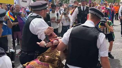Police arrest person protesting at Pride event