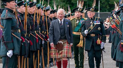 King Charles III inspects the Royal Company of Archers Guard of Honour