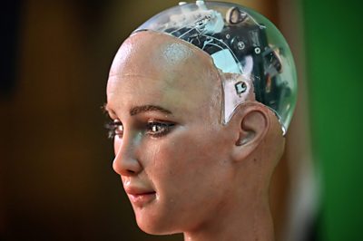 A close-up of a human-like robot called Sophia