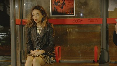 Bec (Olivia Swann) sitting at bus stop in Wolverine Woman (Credit: tv/Grab)