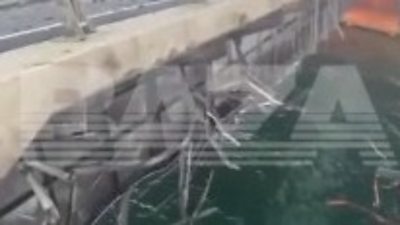 Footage shown on a Russian Telegram channel shows the extent of damage to a bridge linking the occupied Crimean peninsula to Russia