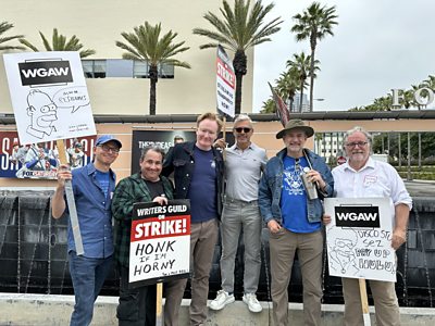 Pictured from left to right are Futurama co-creator and showrunner David Cohen, Josh Weinstein, Conan O'Brien, Family Guy showrunner Rich Appel, King of the Hill, American the Office and Parks and Recreation co-creator and showrunner Greg Daniels, and Matt Groening.