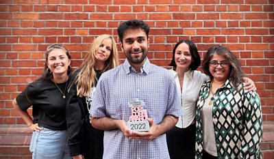 Karim Khan, 2022 winner of the Popcorn Award with members of the team behind the award (L>R: Natalie Denton, Charlotte Colbert, Karim Khan, Lydia Leonard, Nainita Desai)