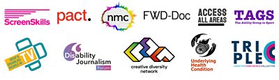 Image with multiple partner logos of Current TAP partners: Creative Diversity Network - ScreenSkills - FWD-Doc - Access All Areas - The Ability Group in Sport (TAGS) - Triple C/DANC - Deaf & Disabled People in TV - DJF - Neurodiverse Media Community - Underlying Health Condition - PACT.