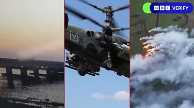 Three images of bridge, helicopter and fires in fields