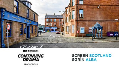 Composite image featuring a street scene from River City with logos for  Studios Continuing Drama and Screen Scotland / Sgrin Alba.