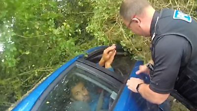 Drug dealer is arrested after crashing his car into a hedge.