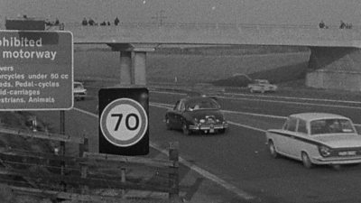 Drivers protest over the introduction of speed limits on motorways, which were trialled from 1965.