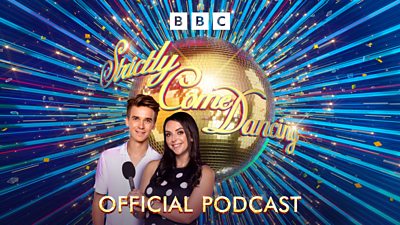 Composite image featuring the Strictly Come Dancing glitterball, alongside podcast hosts Joe Sugg and Kim Winston. Text on the image reads: "Official Podcast".