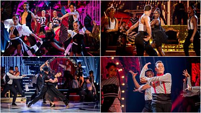 A composite image of all four Strictly Come Dancing judges performing a special routine with the professional dancers. Clockwise from top left: Shirley Ballas prepares for a Latin dance routine, surrounded by pro dancers holding fans. Motsi Mabusi dances with three male pros. Craig Revel Horwood struts forward, performing sophisticated arm movements with the professionals. And Anton Du Beke dances in hold with a pro dancer.