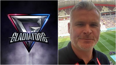 Gladiators logo on the left, an image of Guy with a football field below him on the right