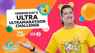 Vernon wearing pudsey bear ears and a pudsey bear yellow shirt, with a pink and orange background. Vernon Kay’s ULTRA Ultramarathon Challenge written in black text over white