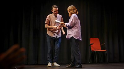 Lee Thompson receiving his Special Commendation for his play Awaydays at the Alfred Bradley Bursary Award Prize Giving 2023 (Credit: Andrew Smith)
