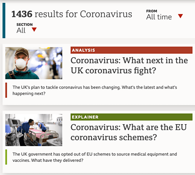A web interface of two search results from the search term \"Coronavirus\"