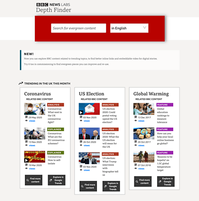 A web interface with a search bar, with three blocks below with a trending term and links to relevant BBC stories.