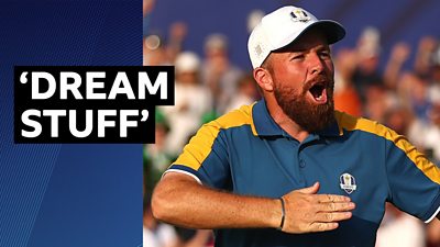 Shane Lowry celebrates during his singles match against Jordan Spieth on Sunday
