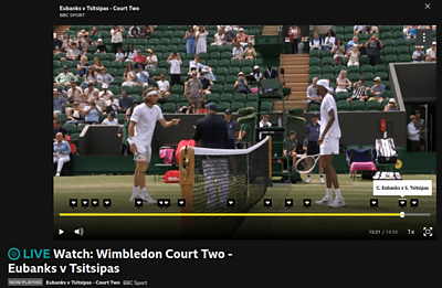 Screenshot of highlights being shown on a Wimbldeon tennis match.