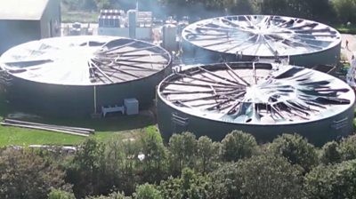 Drone view of damaged biogas tanks