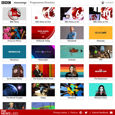 Screenshot of the mosromgr programmes directory showing thumbnail images of BBC programmes branding.