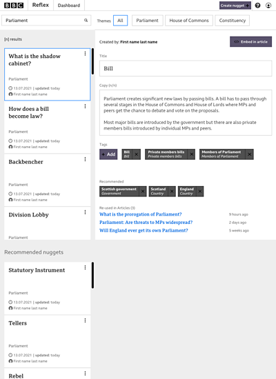Screenshot of the ReflEx newsroom user interface design