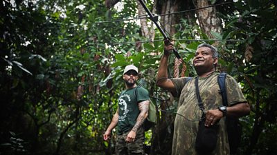 Dr Joanison Vicente (left) and his team in Brazil’s Atlantic Forest holding radio equipment to film lion tamarins