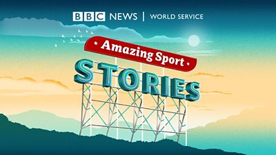 Illustration of a sign with the words Amazing Sport Stories with the sun and mountains in the background