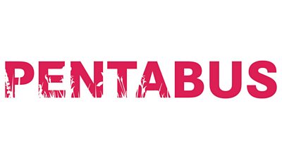 The text 'Pentabus' in read lettering with a floral silhouette within the letters on a white background