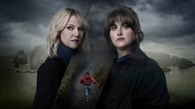 Image of Ashley Jensen as DI Ruth Calder and right is Alison O'Donnell as DI ‘Tosh’ McIntosh. Image of child in red coat running away