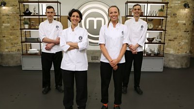 Four chefs standing in front of MasterChef logo