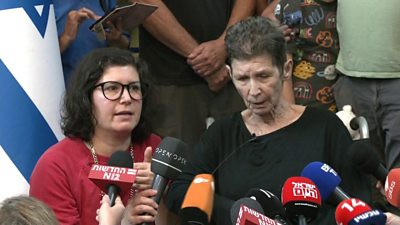 Sharone and her mother Yocheved at a press conference after Yocheved's release