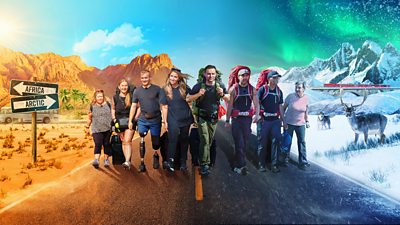 The Celebrity Race Across The World contestants are depicted walking on a road with a warm dry climate on the left, gradually shifting to a cold, snowy climate on the right.