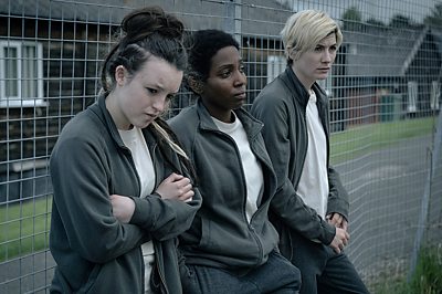 Kelsey (BELLA RAMSEY), Abi (TAMARA LAWRANCE), Orla (JODIE WHITTAKER) in Time (Credit: BBC/Sally Mais)
