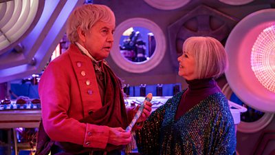 Frazer Hines and Wendy Padbury in Tales of The TARDIS. He holds a recorder, which looks identical to the one played by Patrick Troughton's Second Doctor