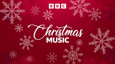 “Christmas Music” is written in white, cursive font on a red background, decorated with white snowflakes. 