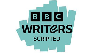 the text 'bbc writers scripted' in black on a blue scribble of highlighter