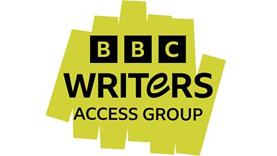 the text 'bbc writers access group' in black on a green scribble of highlighter