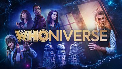 The Whoniverse franchise logo. Whoniverse is written in gold block capital letters and surrounded by images of characters from the Doctor Who Whoniverse including David Tennant's Doctor, Torchwood's Gwen, companions Martha and Sarah Jane, Tom Baker's Doctor and the Daleks