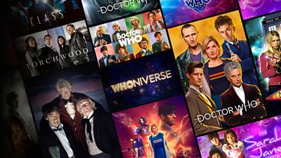 A collage of artwork from Doctor Who series and spinoffs including Classic and Modern Doctor Who, The Sarah Jane Adventures, Torchwood and Class