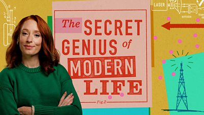 Hannah Fry stands next to branding for The Secret Genius of Modern Life 