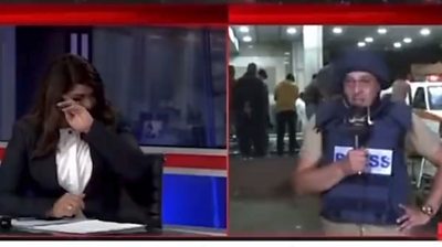 Presenter in studio and reporter on location cry during live in Gaza