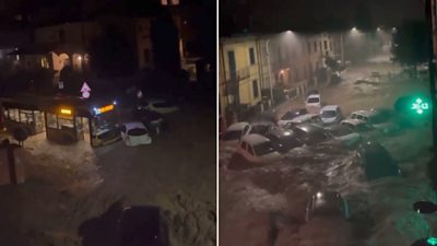 Cars and bus submerged in Prato, Italy